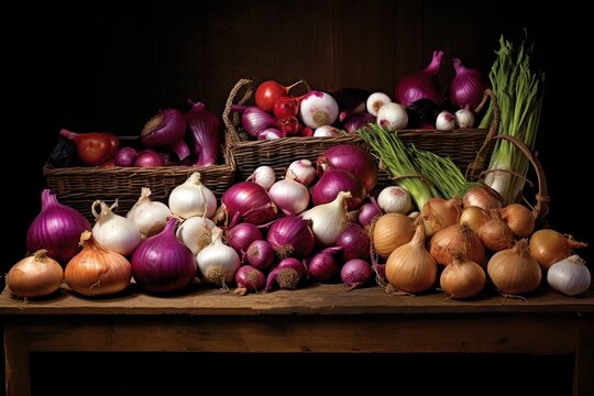 pile of onions and garlic on a dark background