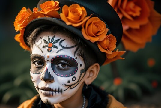 A close-up of a boy with a painted skull mask on his face and wearing a hat with orange flowers in the evening on a blurred background. A boy celebrates the Mexican Day of the Dead. El Dia de Muertos.