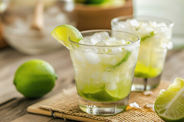 Caipirinha cocktail in traditional glasses, close up