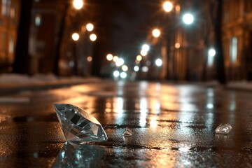 diamond on a wet street under streetlights at night
