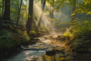 Enchanted Forest Retreat with Sunlight and Stream

