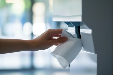 person pulling a paper towel from a dispenser, dispenser visible - obrazy, fototapety, plakaty