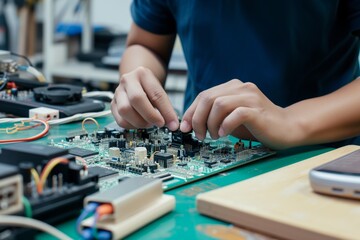 individual neatly organizing electronic components on a table