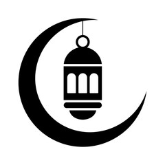 Crescent with lamp icon. Ramadan arabic islamic celebration icon. Vector illustration isolated on white background.