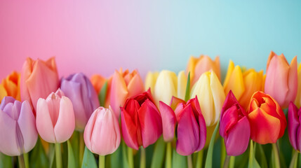 a photo Abundant tulips flower Background, Lighting: Soft,tulips and the empty pastel space, mother day, birthday, woman's day