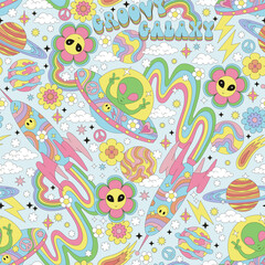 Obraz premium Groovy galaxy retro sci-fi green man alien in ufo flying saucer retro rocket starship flower with alien face vector seamless pattern. Hippie flower power 60s 70s 80s outer space universe celestial