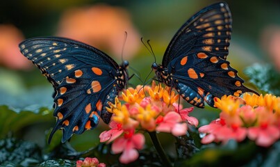 Colorful butterflies on a blurred natural background.
