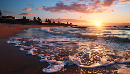Sunset over the tranquil coastline, nature beauty reflected in water generated by AI