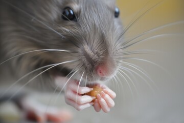 close up of a domestic rats paw holding a small treat