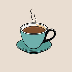 Obraz premium Illustration of a steaming cup of coffee in a teal cup with a matching saucer against a beige background.