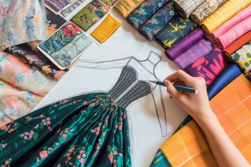 designer sketching a prom dress with fabric samples