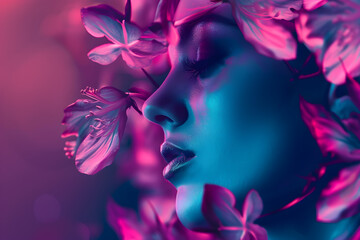 A woman with her eyes closed and flowers surrounding her face. creative concept