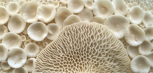 Macro lens unveils intricate textures and patterns of a mushroom, creating a captivating abstract background.