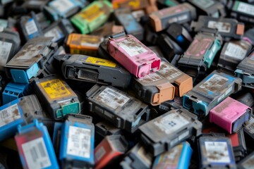 pile of used ink cartridges ready for recycling - obrazy, fototapety, plakaty