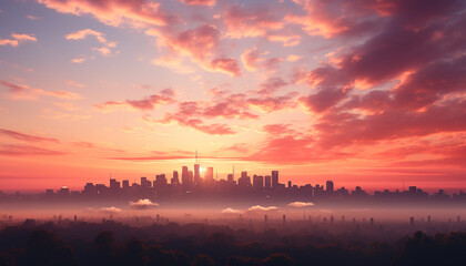 Silhouette of skyscrapers against orange sunset, urban beauty illuminated generated by AI