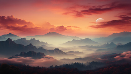 Majestic mountain peak silhouettes in tranquil autumn sunset generated by AI