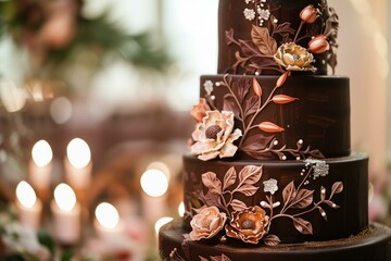 modern chocolate frosting wedding cake with hand painted buttercream floral ornament decor