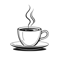 Black and white illustration of a steaming cup of coffee on a simple saucer, exuding warmth and inviting relaxation.