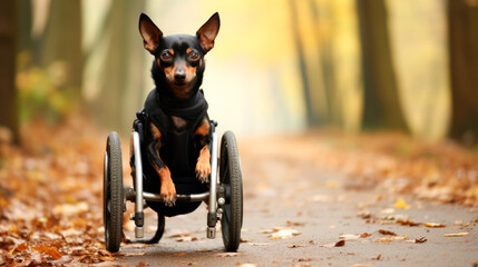 A Chihuahua, undeterred by its wheelchair, traverses an autumnal path, its spirit undimmed, symbolizing the triumph of joy and perseverance over life's challenges.