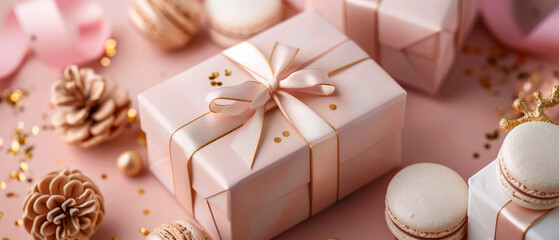 Luxury holidays background with pink gift boxes, set of macaroons, sweets delicious, desserts, golden decoration. Pastry food mockup. flat lay. Generative ai