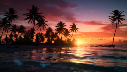 Fototapeta na wymiar Tropical sunset, palm tree silhouette, tranquil water reflection generated by AI