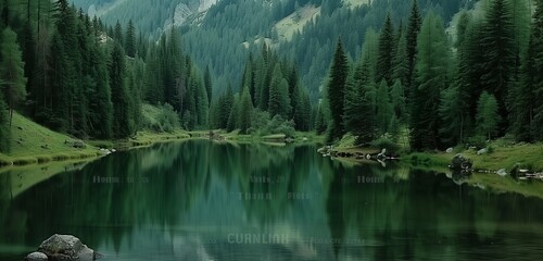 Majestic spruce trees line the banks of a rapid mountain river, their reflection dancing in HD.