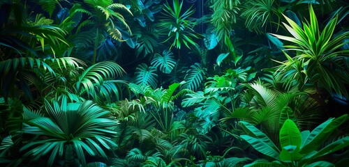 Mesmerizing close-up reveals lush tropical foliage illuminated by ethereal green and blue fluorescent lights.