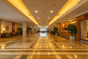 wideangle view of a spacious, unoccupied hotel lobby with marble floors