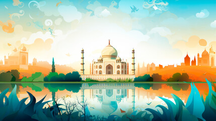 A tranquil artistic rendering of the Taj Mahal, with a dreamlike sky and mirror-like water reflecting the structure, the vivid hues marrying the grandeur of history with a touch of fantasy.