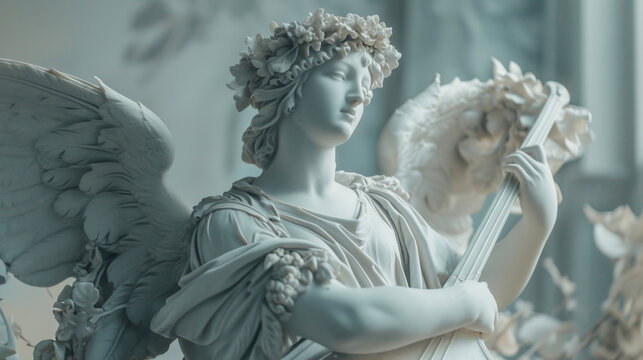 An angelic muse adorned with a garland of laurel leaves and carrying a lyre guiding authors and poets through moments of writers block with song and melody.