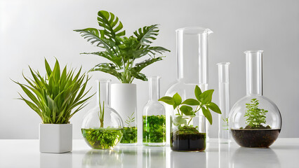 plants on a white backdrop showcased by lab glassware. plant in a glass