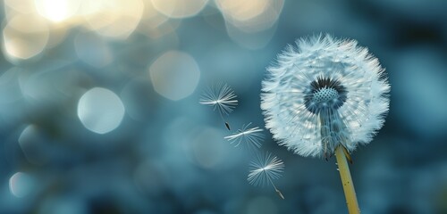 Nature's poetry unfolds as dandelion seeds dance on the wind against a softly blurred background.