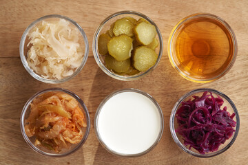 Fermented foods - kim chi, white and purple sauerkraut, apple cider vinegar, gherkins and kefir