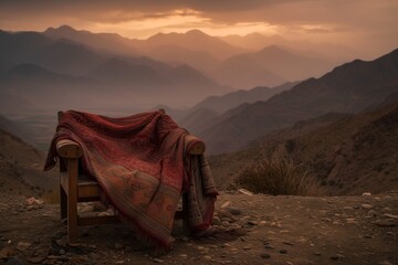 single seat with a pashmina shawl draped over it, mountains in the distance