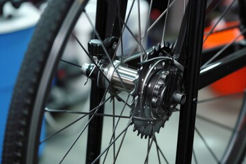 Fototapeta premium close shot of wheel truing in bike repair stand