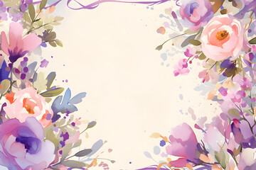 Fototapeta na wymiar Cute cartoon bow ribbon and flower frame border on background in watercolor style.