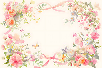 Fototapeta na wymiar Cute cartoon bow ribbon and flower frame border on background in watercolor style.