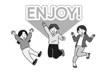 飛んで喜ぶ人々のシンプルイラスト