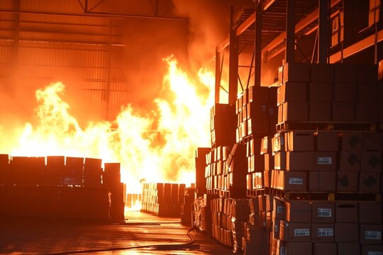 fire spreading in warehouse stacked with boxes