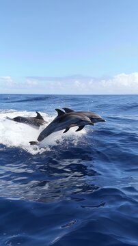 Dynamic Dolphins Frolicking and Jumping in Azure Blue Ocean Waves AI Generated.
