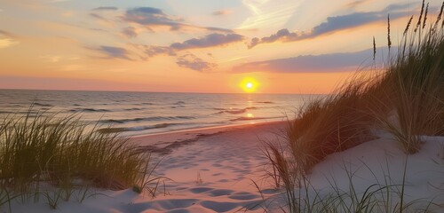 Spectacular sunset transforms the dune beach into a scene of breathtaking tranquility and beauty.