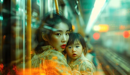 Fototapeta premium Asian woman with a child riding in a train or subway car. Casual style