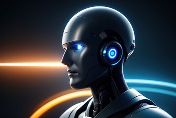 3D close-up illustration of a sci-fi robot in outer space. The robot's head in space, a metal helmet with neon lighting elements. Artificial intelligence.