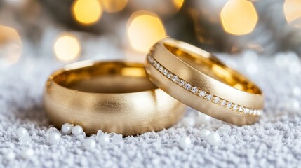Obraz na płótnie Canvas Close up shot of two gold wedding rings on soft blue bokeh background with copy space