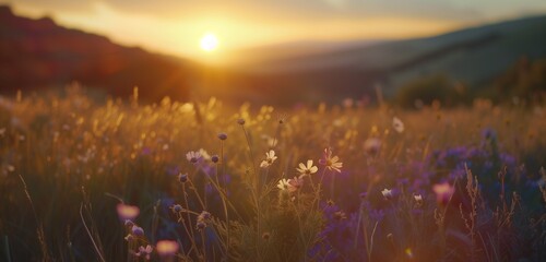 Sun-kissed meadow glows with vibrant colors as wild grass dances in the evening breeze.
