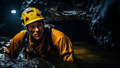 Man in Yellow Helmet in Cave - obrazy, fototapety, plakaty