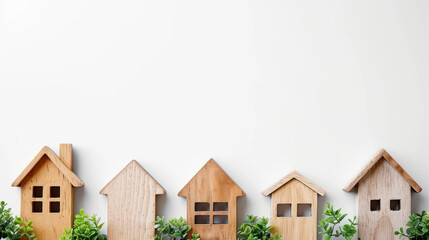 Sustainable living, showcasing miniature wooden houses nestled among a variety of lush, green plants, symbolizing eco-friendliness and growth