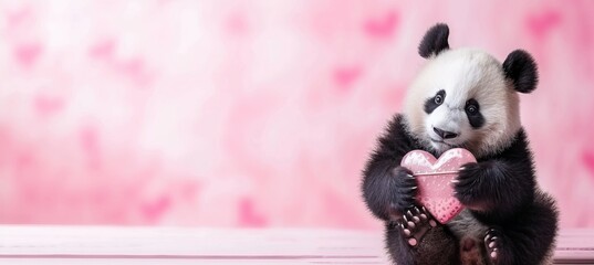 Adorable panda cub with heart shaped gift on magical blurred background for valentine s day