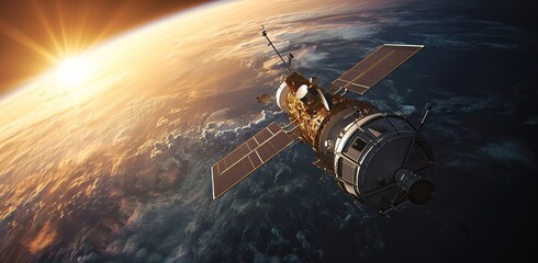 A space satellite orbiting Earth at sunset. The concept of space exploration.