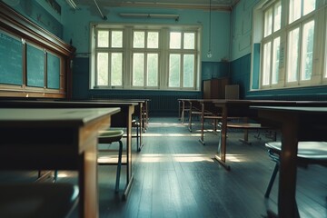 Empty Classroom. Back to school concept in high school. Classroom Interior Vintage Wooden Lecture Wooden Chairs and Desks. Studying lessons in secondary education